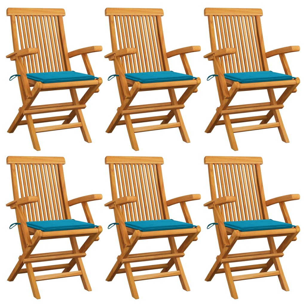 Gartenstühle mit Blauen Kissen 6 Stk. Massivholz Teak