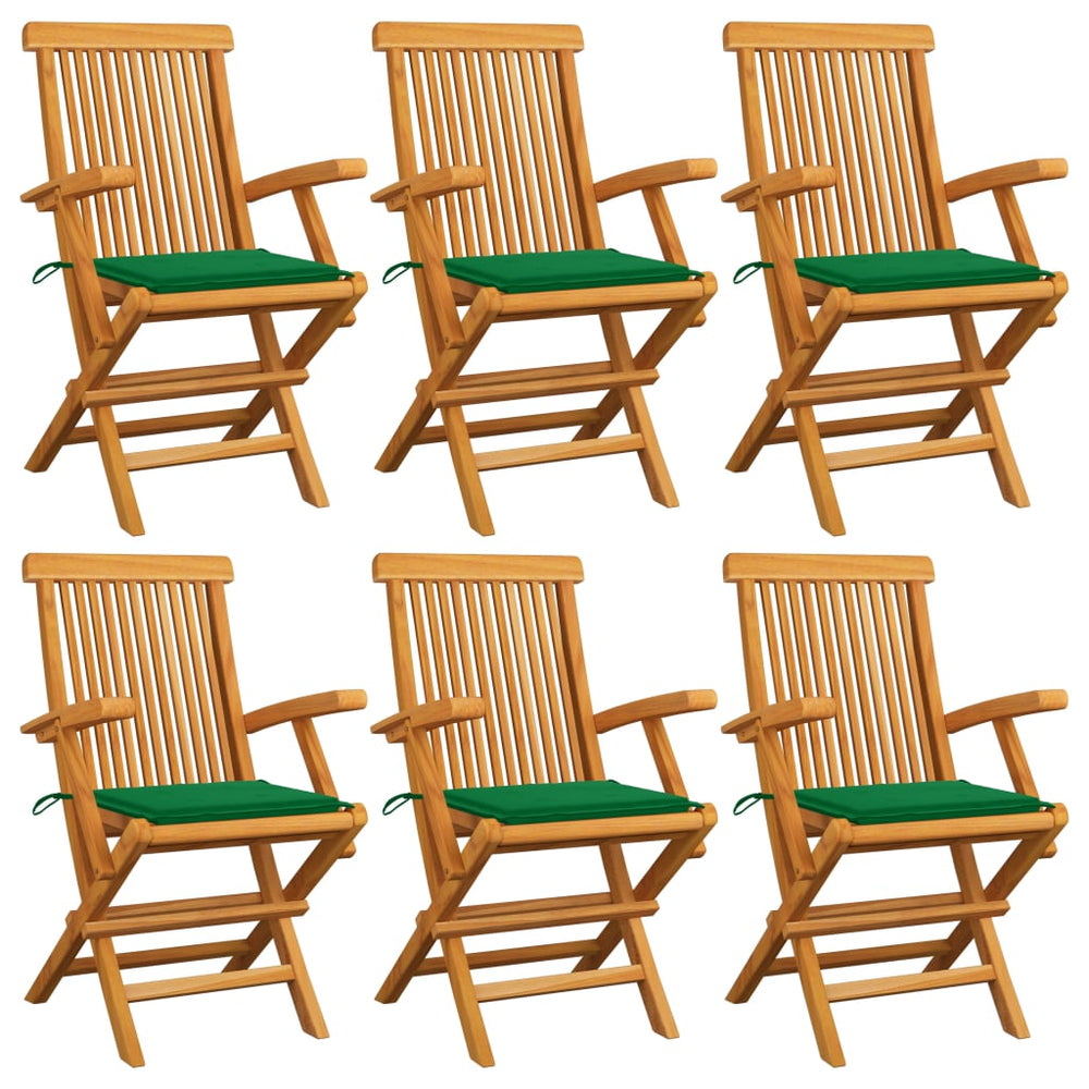 vidaXL Garden Chairs with Green Cushions 6 pcs. Solid Teak Wood