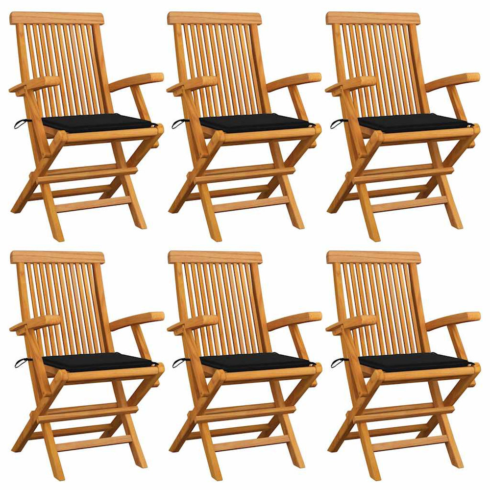 vidaXL Teak Solid Wood Garden Chairs with Black Cushions 6 pcs.