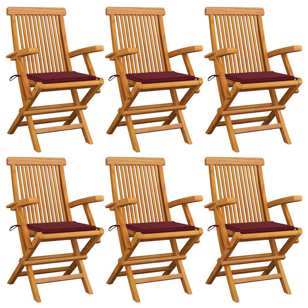 vidaXL Teak Solid Wood Garden Chairs with Burgundy Cushions 6 pcs.