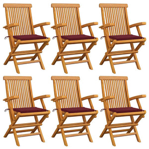 Gartenstühle mit Weinroten Kissen 6 Stk. Massivholz Teak