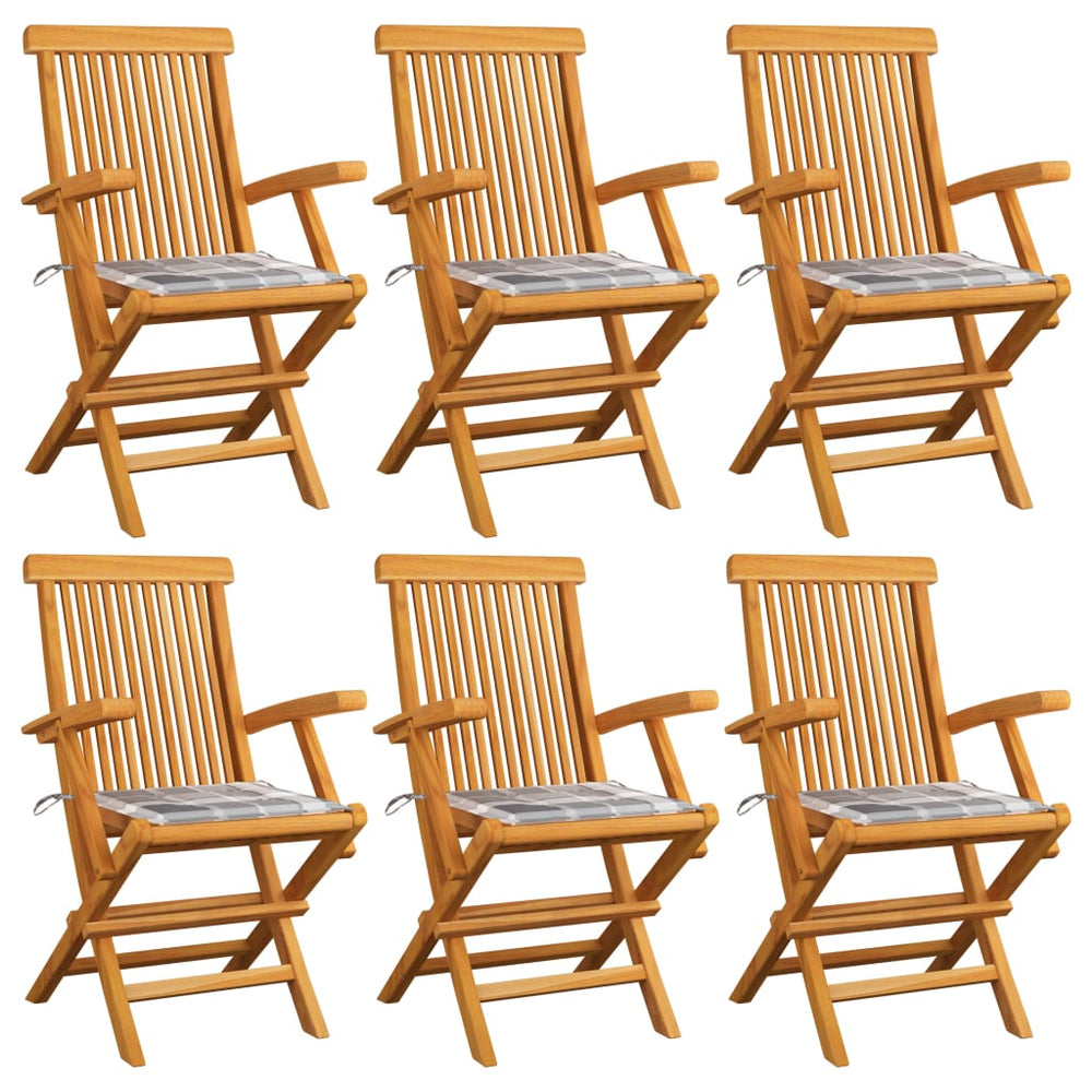 vidaXL Garden Chairs Grey Plaid Cushions 6 pcs Solid Teak Wood