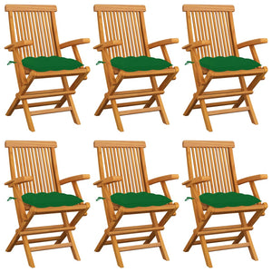 Gartenstühle mit Grünen Kissen 6 Stk. Massivholz Teak