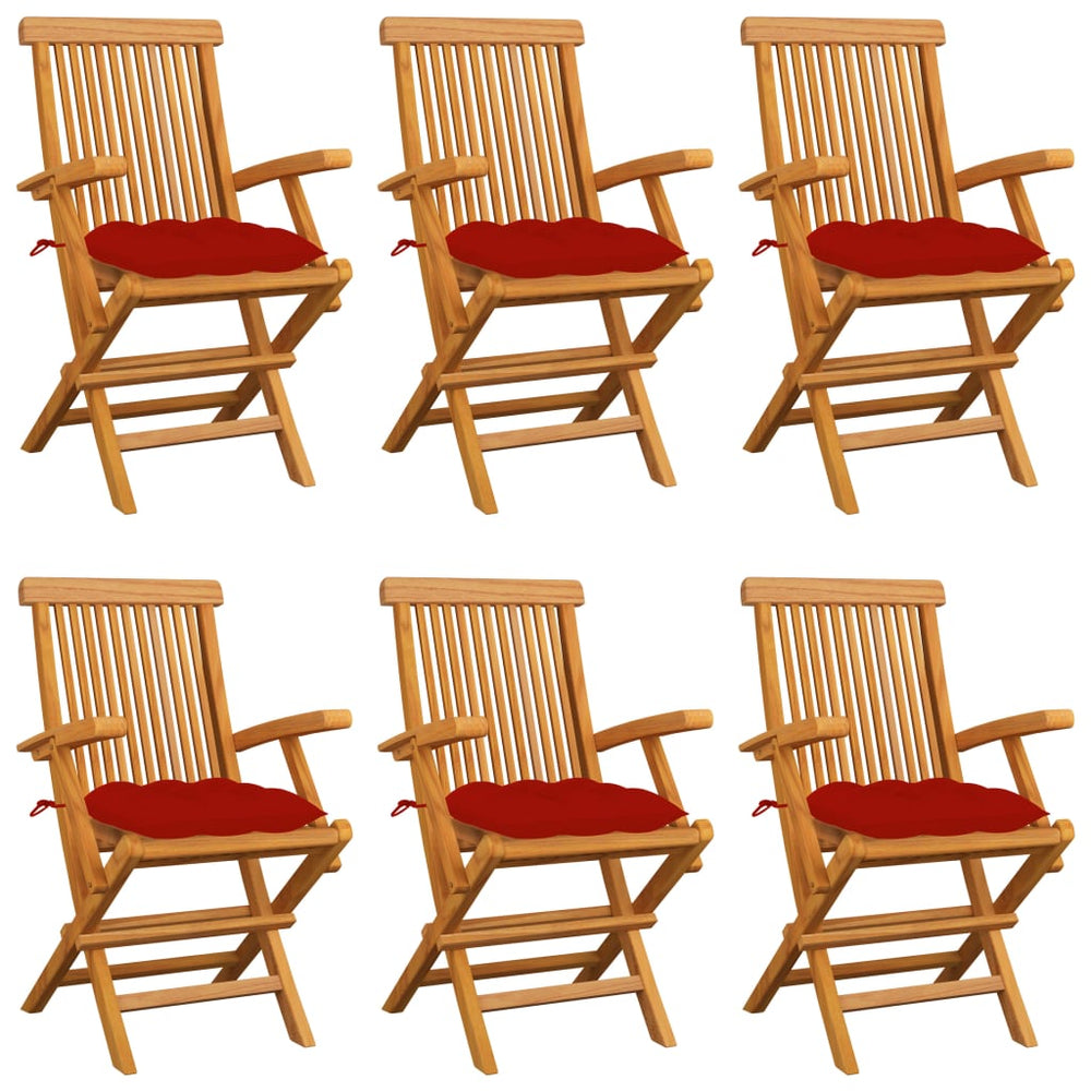 vidaXL Teak Solid Wood Garden Chairs with Red Cushions 6 pcs.