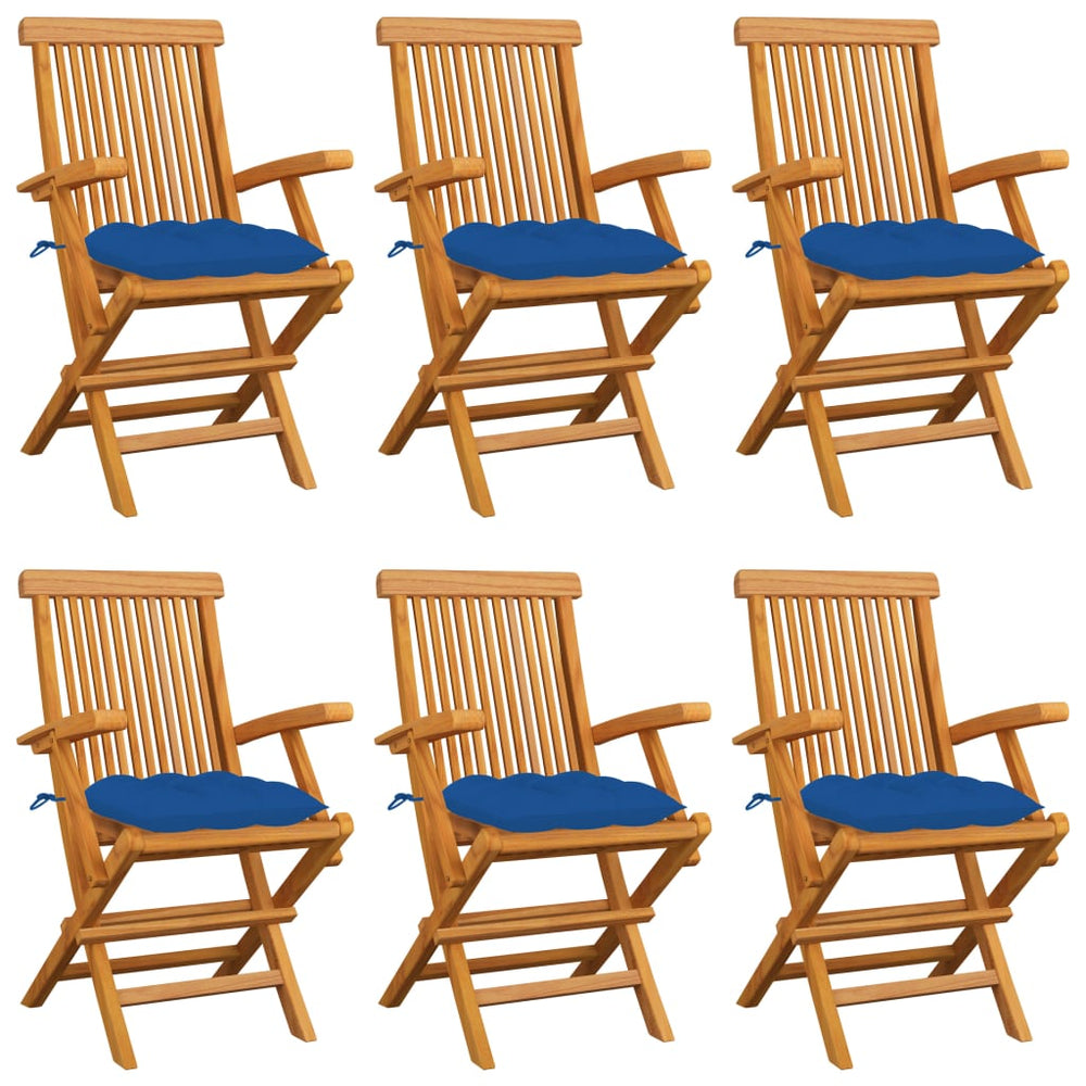 vidaXL Teak Solid Wood Garden Chairs with Blue Cushions 6 pcs.