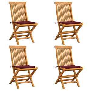 Gartenstühle mit Weinroten Kissen 4 Stk. Massivholz Teak