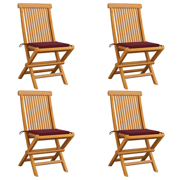Gartenstühle mit Weinroten Kissen 4 Stk. Massivholz Teak