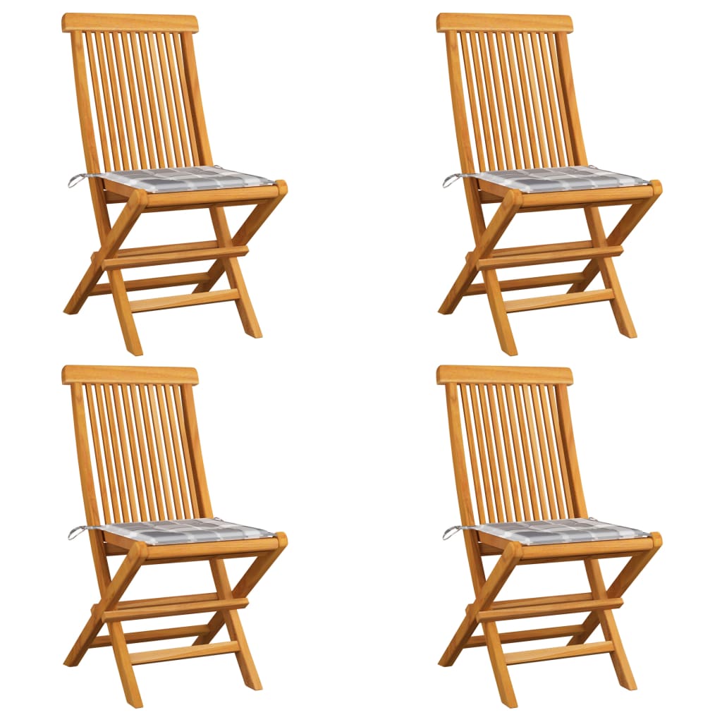 Gartenstühle Graue Karomuster-Kissen 4 Stk. Massivholz Teak
