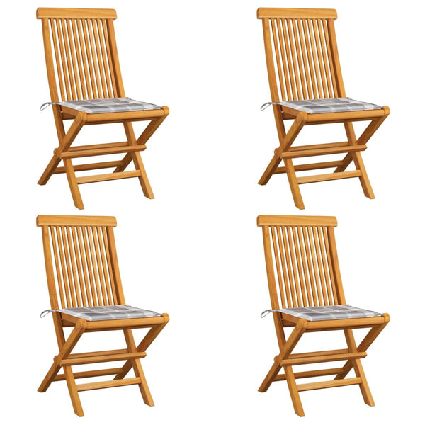 Gartenstühle Graue Karomuster-Kissen 4 Stk. Massivholz Teak