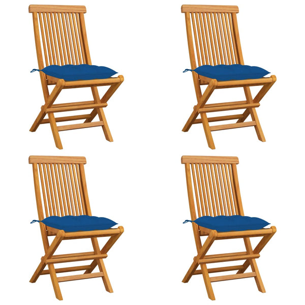 Gartenstühle mit Blauen Kissen 4 Stk. Massivholz Teak