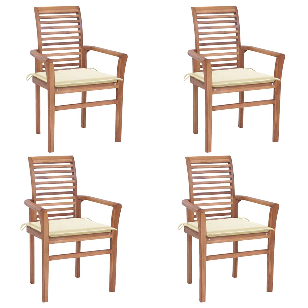 Essstühle 4 Stk. mit Cremeweißen Kissen Massivholz Teak