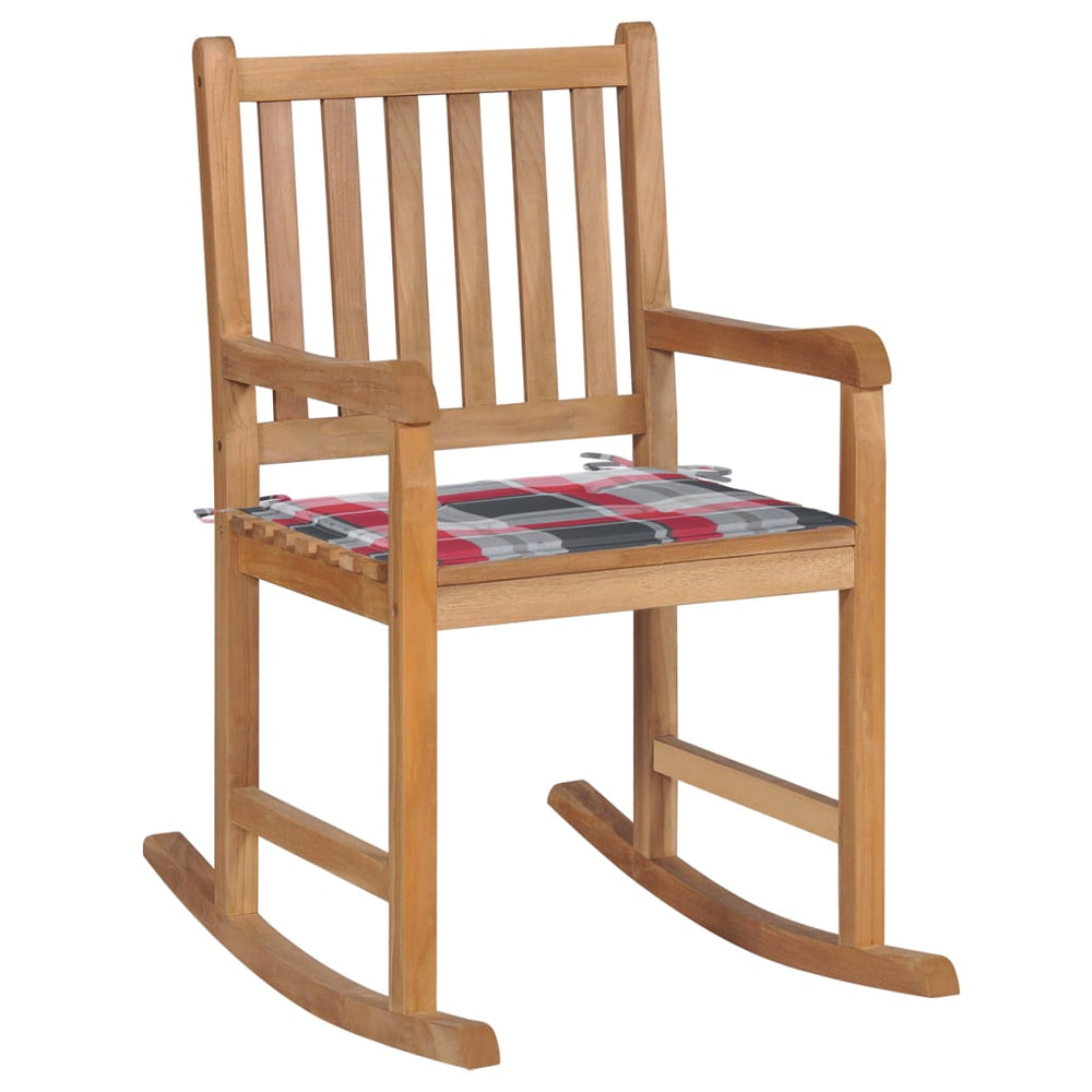 vidaXL Rocking Chair with Red Plaid Cushion Solid Teak Wood
