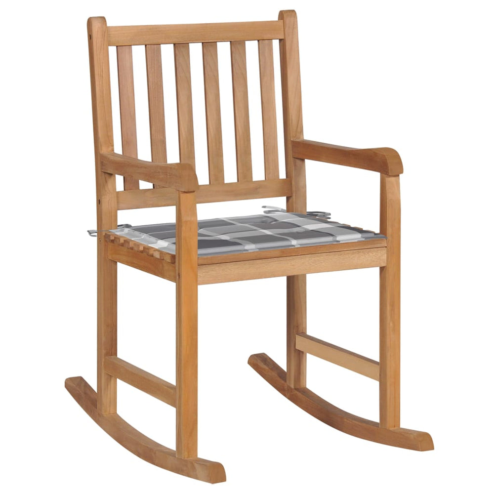vidaXL Rocking Chair with Gray Plaid Cushion Solid Teak Wood