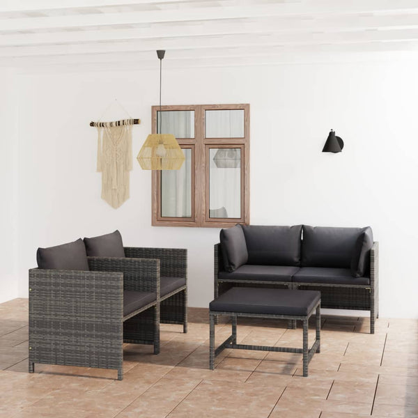 5-tlg. Garten-Lounge-Set mit Kissen Poly Rattan Grau