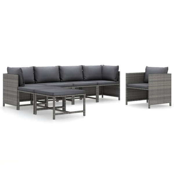 7-tlg. Garten-Lounge-Set mit Kissen Poly Rattan Grau