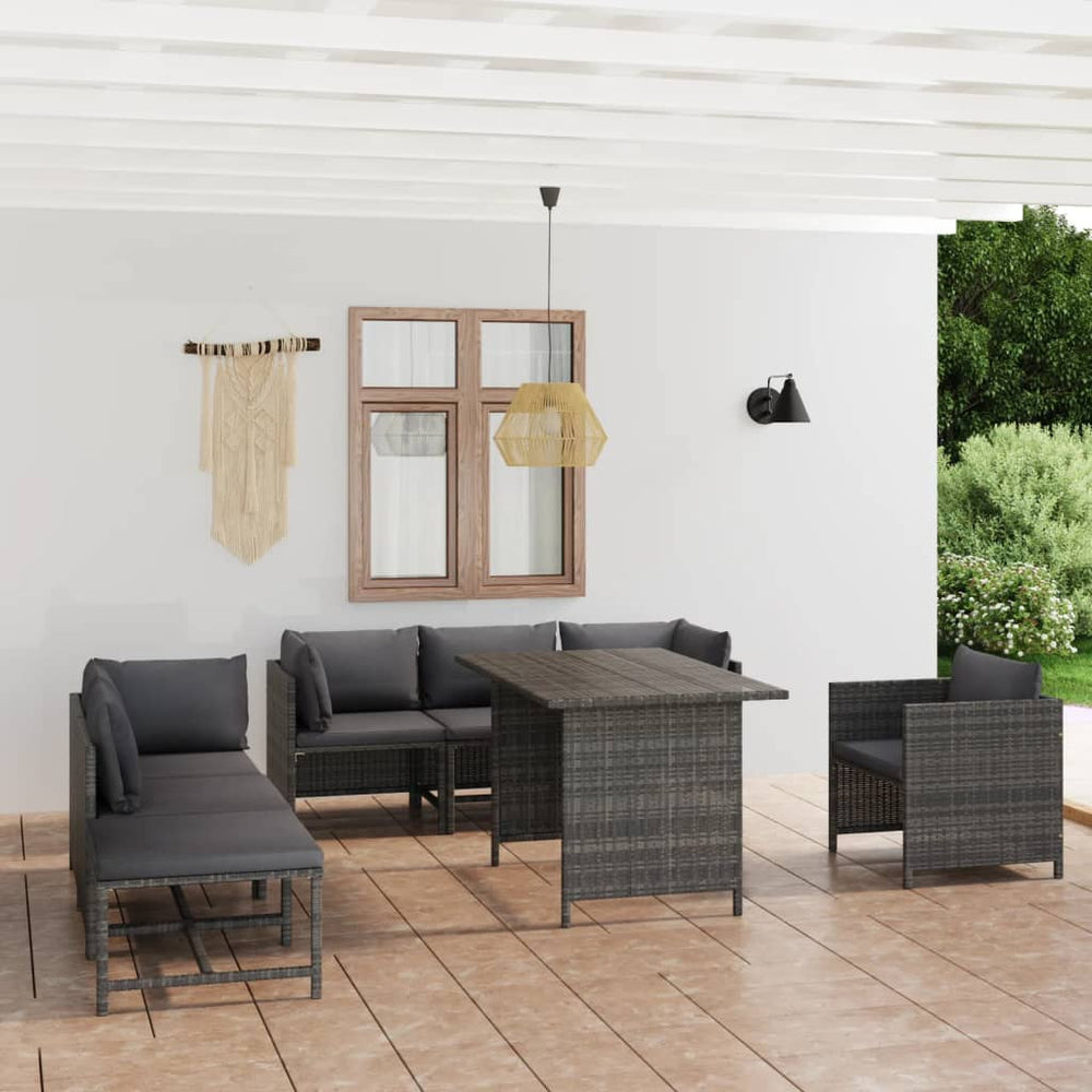 8-tlg. Garten-Lounge-Set mit Kissen Poly Rattan Grau