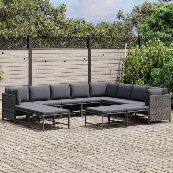 12-tlg. Garten-Lounge-Set mit Kissen Poly Rattan Grau