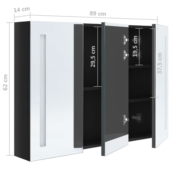 LED Spiegelschrank Bad, 89 cm, Schwarz Glänzend