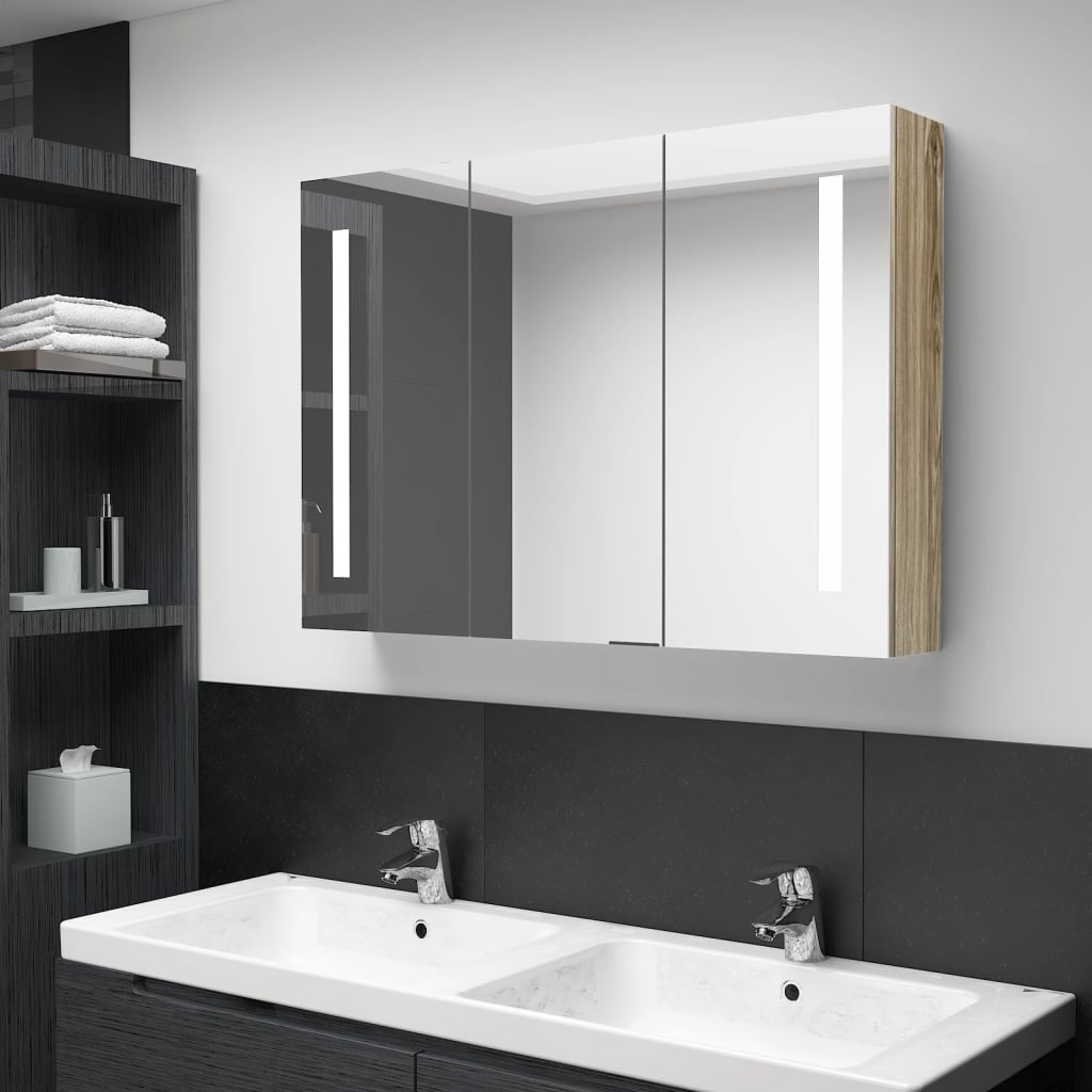 vidaXL LED Bathroom Mirror Cabinet 89x14x62 cm Oak Look