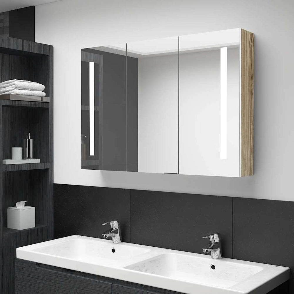 LED Bad Spiegelschrank Weiß Eichenoptik 89 cm