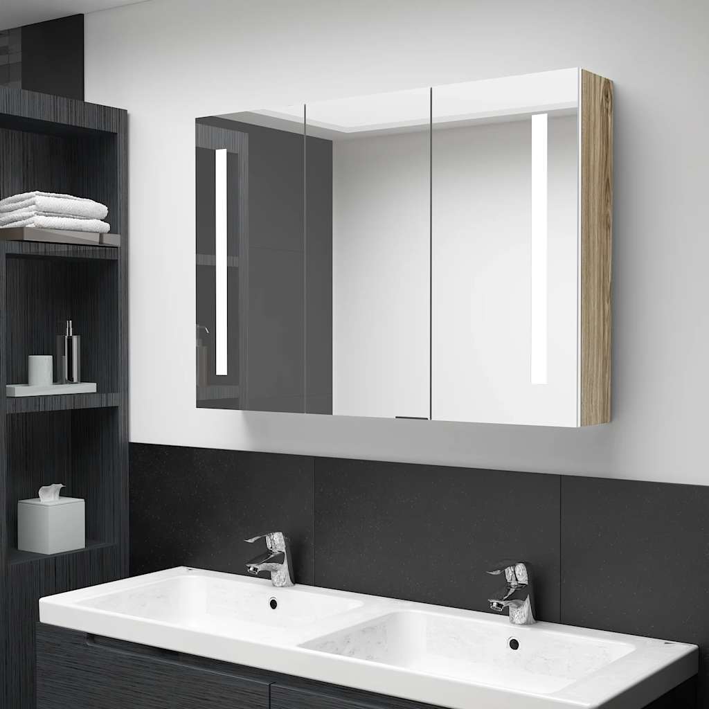 LED Bad Spiegelschrank Weiß Eichenoptik 89 cm