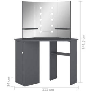 vidaXL Coiffeuse d'angle avec LED Gris 111x54x141,5 cm