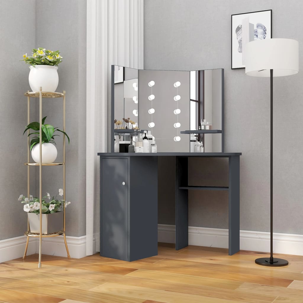 vidaXL Coiffeuse d'angle avec LED Gris 111x54x141,5 cm