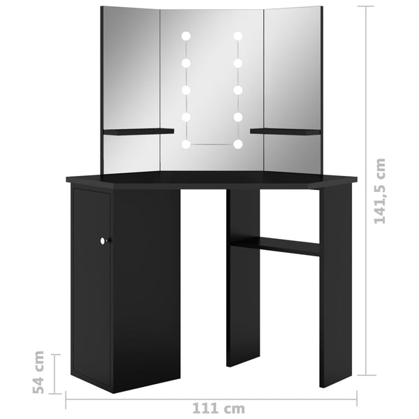 vidaXL Coiffeuse d'angle avec LED Noir 111x54x141,5 cm