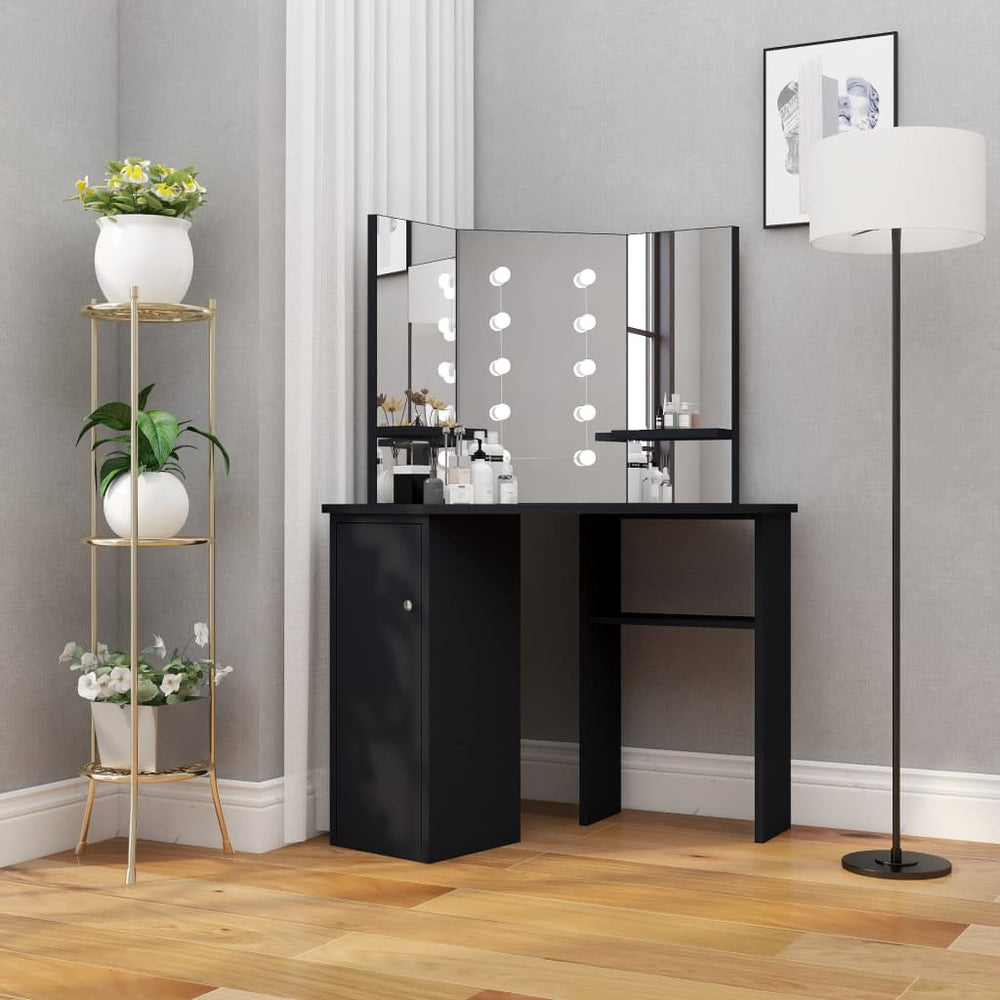 vidaXL Corner Dressing Table with LED Black 111x54x141.5 cm