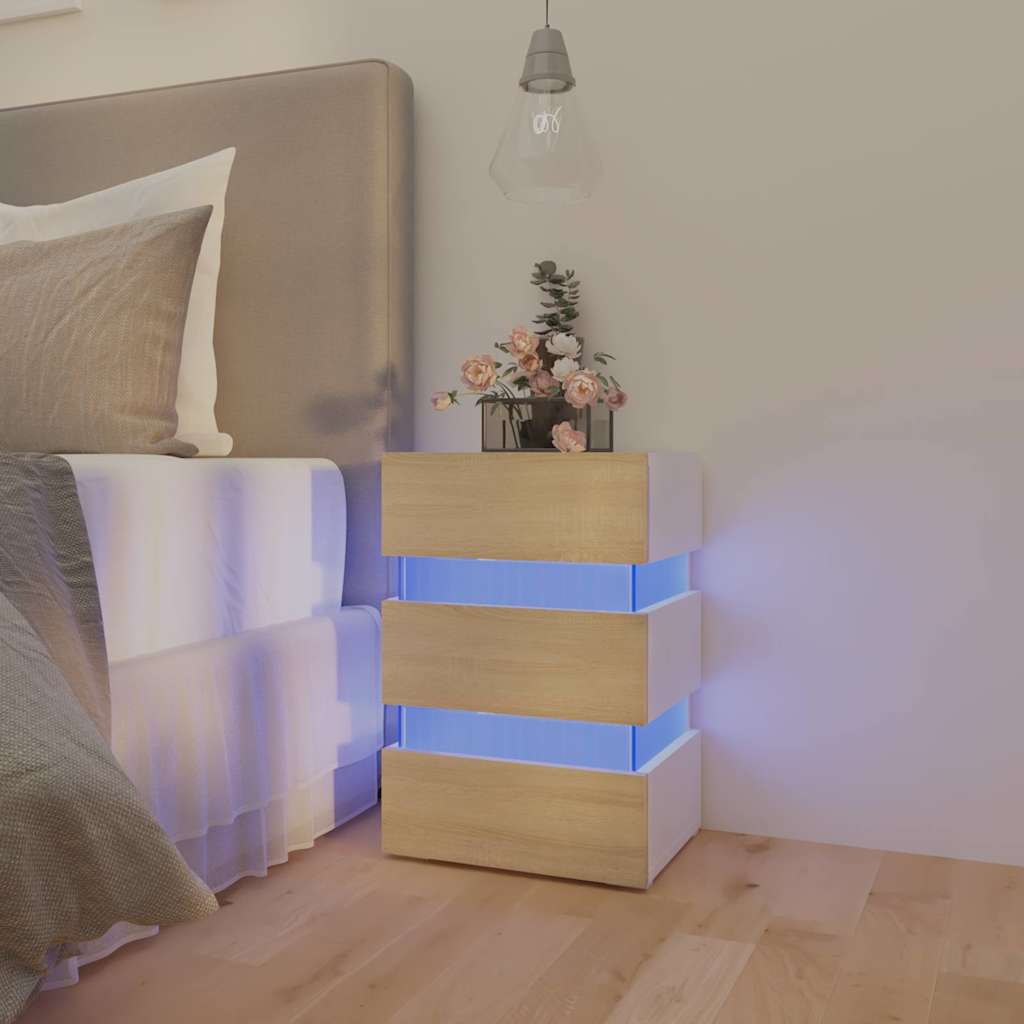 LED Nachttisch Weiß/Sonoma-Eiche 45x35x67cm