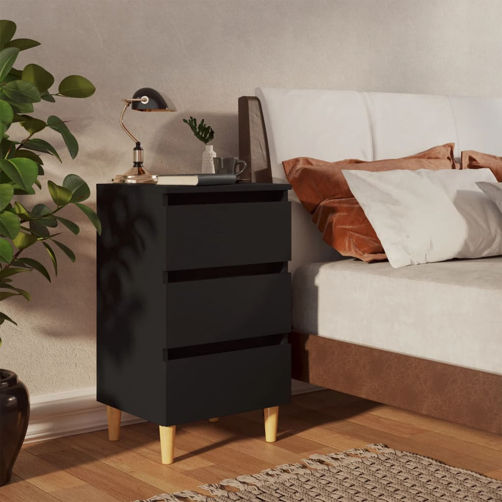 Schwarze Nachttische mit Holzbeinen, 2er-Set