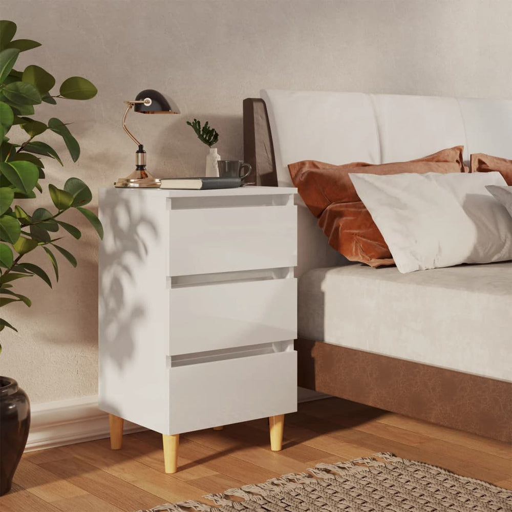 Nachttische Weiß Hochglanz mit Holzbeinen, 2er-Set