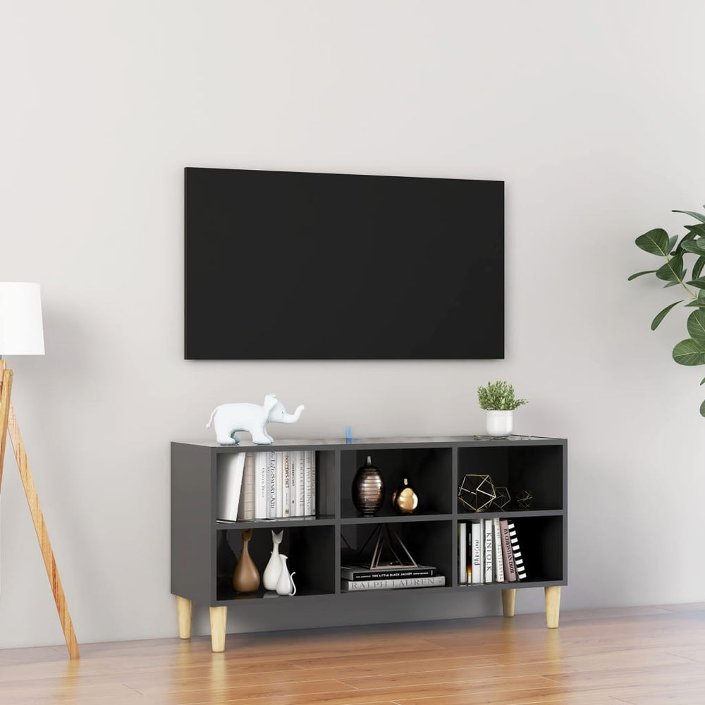 Meuble TV vidaXL avec pieds en bois massif Gris brillant 103,5x30x50 cm