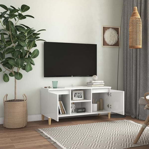 Meuble TV vidaXL avec pieds en bois massif Blanc brillant 103,5x35x50 cm