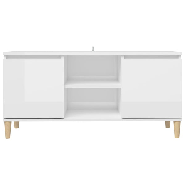 Meuble TV vidaXL avec pieds en bois massif Blanc brillant 103,5x35x50 cm