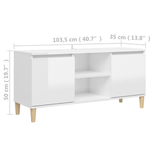 Meuble TV vidaXL avec pieds en bois massif Blanc brillant 103,5x35x50 cm