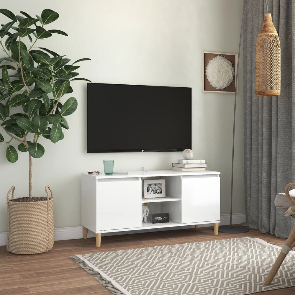 Meuble TV vidaXL avec pieds en bois massif Blanc brillant 103,5x35x50 cm