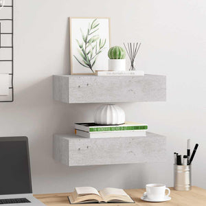 Wandregale mit Schubladen, Betongrau, 2er-Set