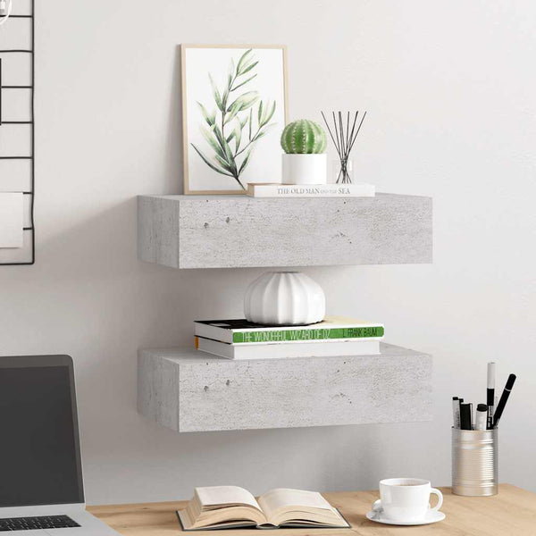 Wandregale mit Schubladen, Betongrau, 2er-Set