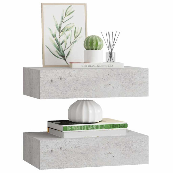 Wandregale mit Schubladen, Betongrau, 2er-Set