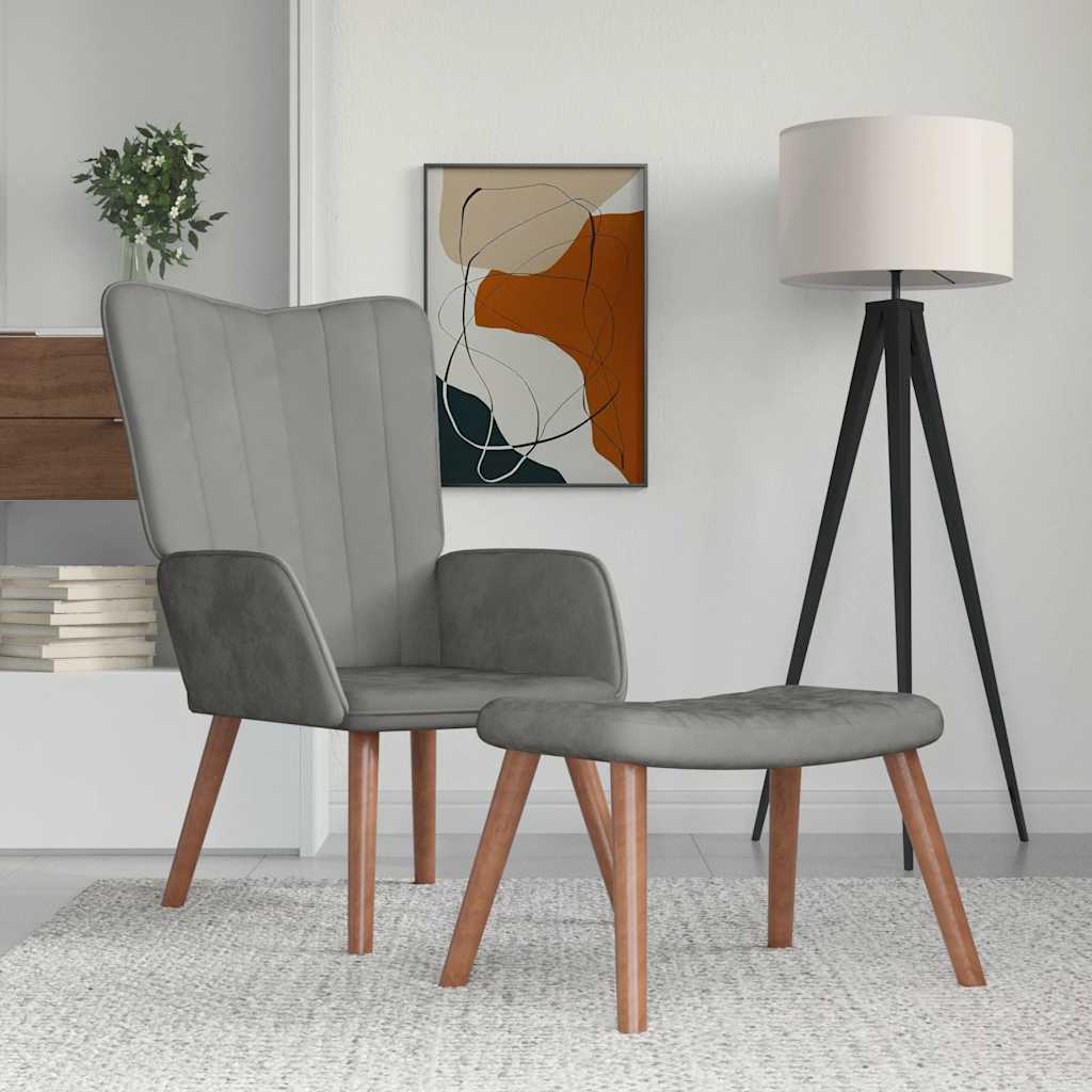 Hellgrauer Samt Relaxsessel mit Hocker