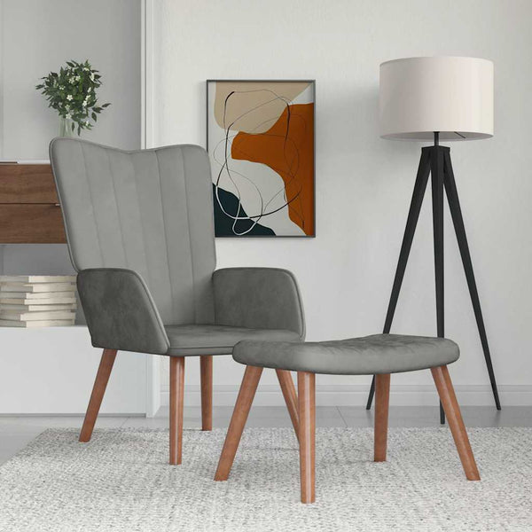Hellgrauer Samt Relaxsessel mit Hocker