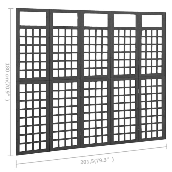 Spalier/Paravent 5-teilig Massivholz Tanne Schwarz 201,5x180 cm