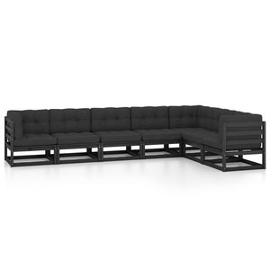 vidaXL Salon de jardin 7 pcs avec coussins Noir Bois de pin massif