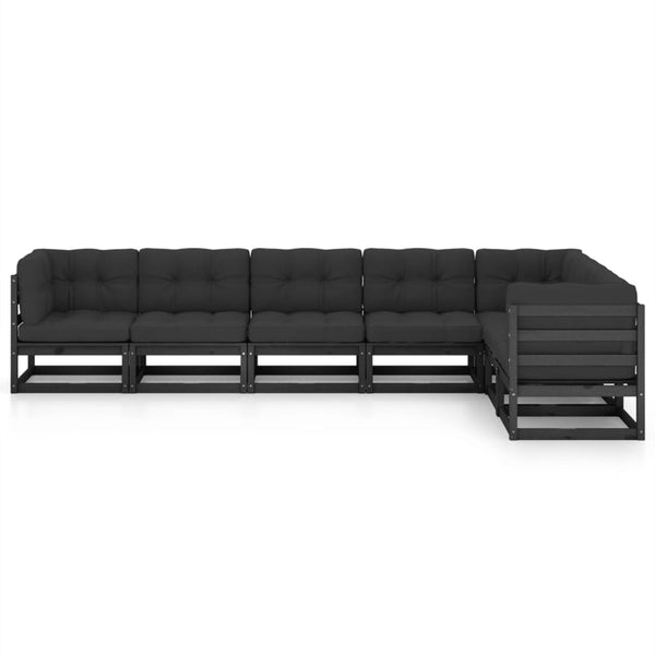 vidaXL Salon de jardin 7 pcs avec coussins Noir Bois de pin massif