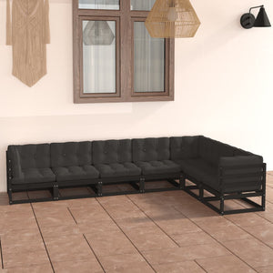 vidaXL Salon de jardin 7 pcs avec coussins Noir Bois de pin massif