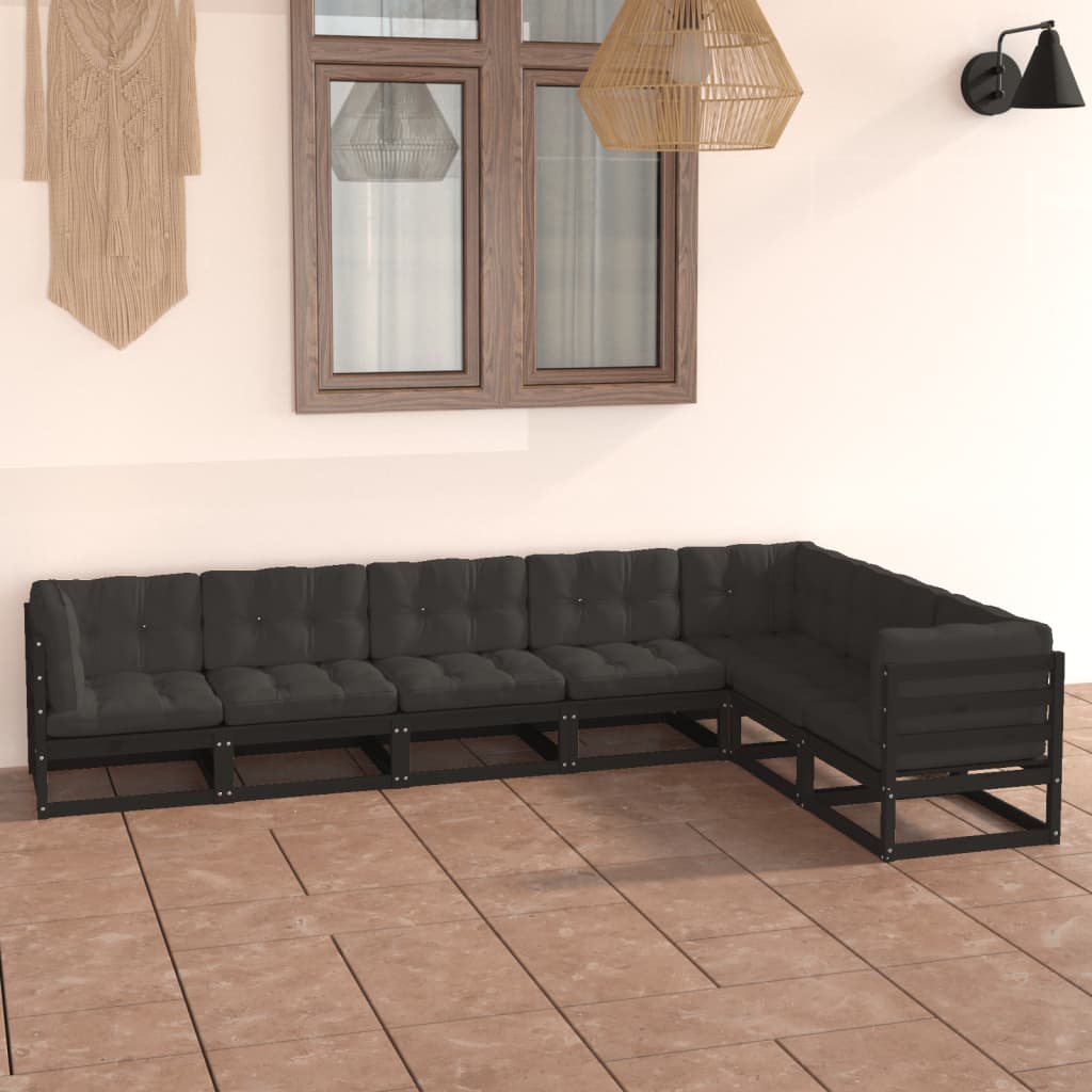 vidaXL Salon de jardin 7 pcs avec coussins Noir Bois de pin massif