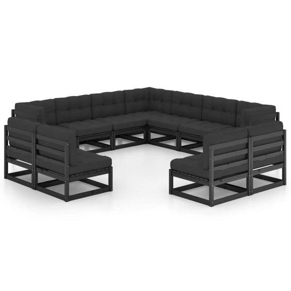 vidaXL Salon de jardin 11 pièces avec coussins Noir Bois de pin massif