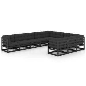 10-tlg. Garten-Lounge-Set mit Kissen Schwarz Massivholz Kiefer