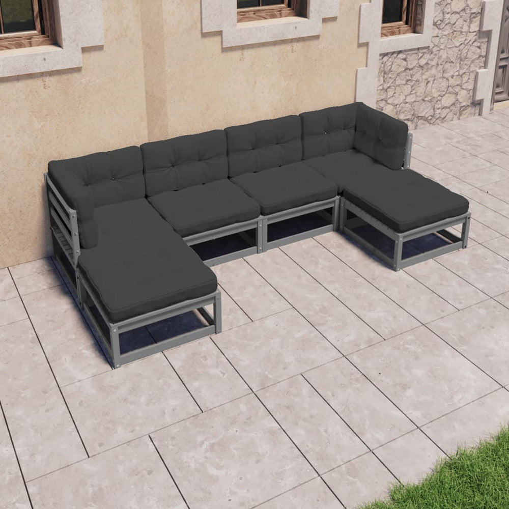 vidaXL 6-Piece Garden Lounge Set with Cushions Grey Solid Pine Wood